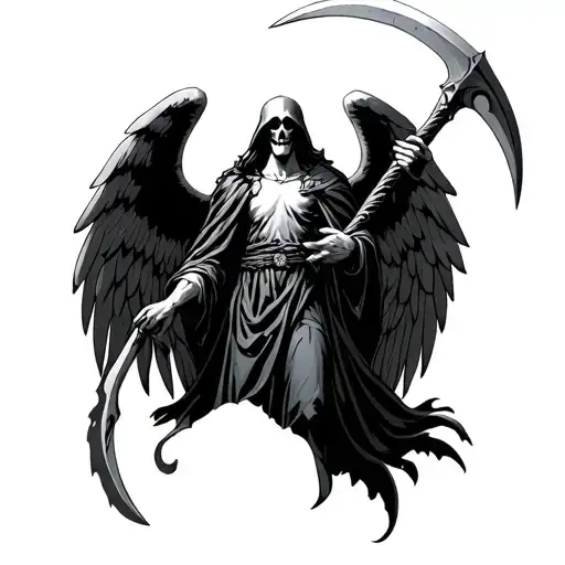 arch angel michael with reaper scythe in his hands tattoo design idea
