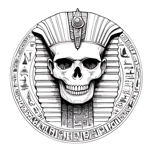 Pharaoh skull surrounded by hieroglyphics tattoo design idea