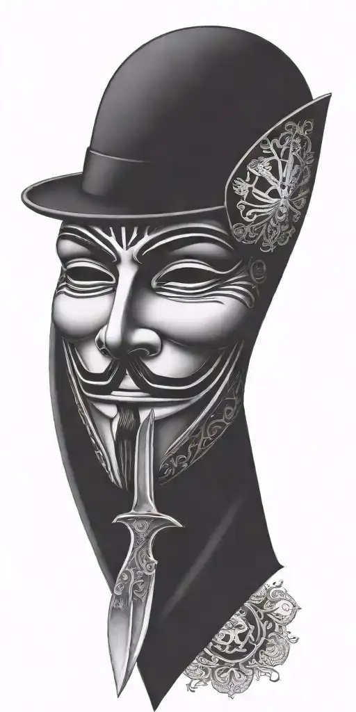 v for vendetta mask, hat holding knifes, rosses. qr code tattoo design idea