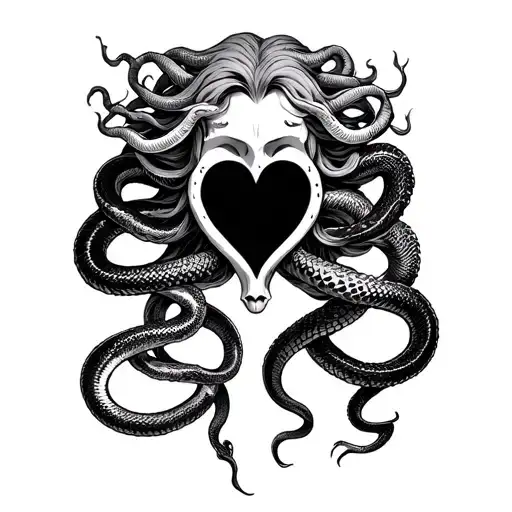 medusa head with black and white snakes wrapped down with a blank space in the middle in the form of a heart.  tattoo design idea