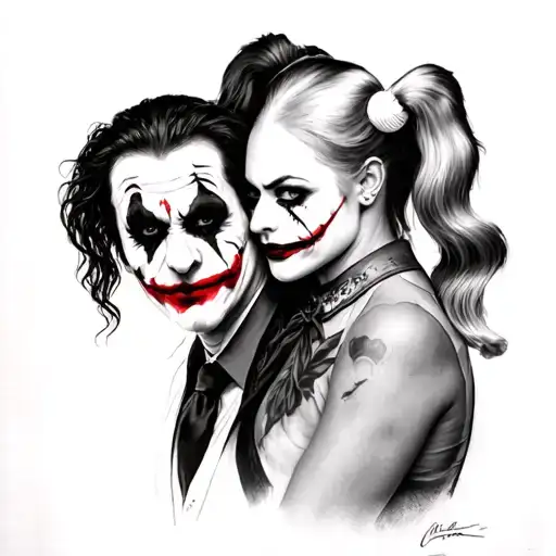 joker and harley quinn black and white drawing tattoo design idea