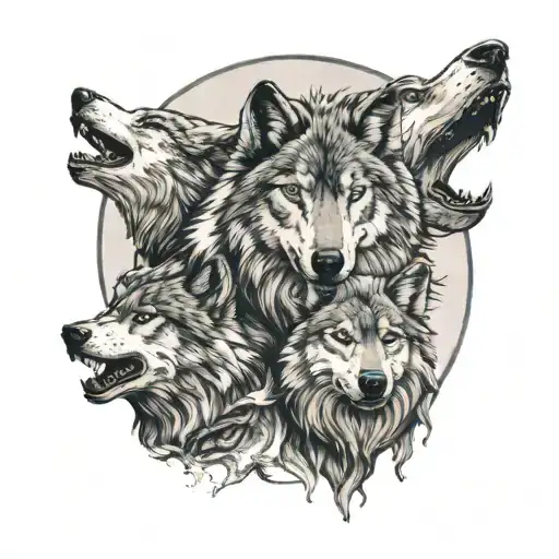 wolf mother with 3 wolf kids howling moon tattoo design idea