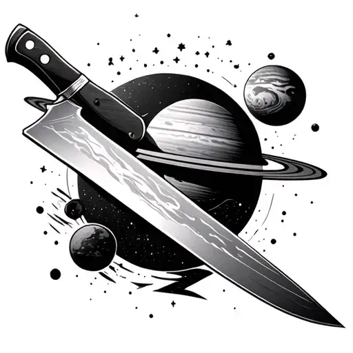 Chef Knife Japanese / With back with Space and planets like saturn  tattoo design idea