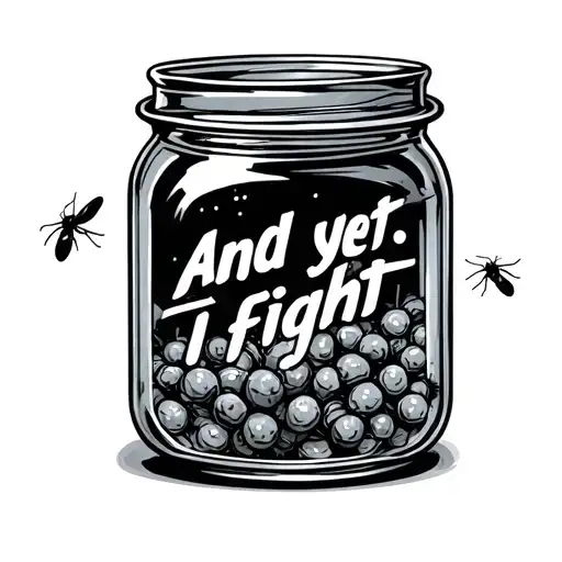 jar of flies inside with text "and yet I fight" tattoo design idea