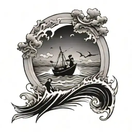 Half moon, 3 kids fishing and water waves tattoo design idea