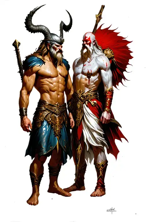 Odin vs zeus and kratos watching them tattoo design idea