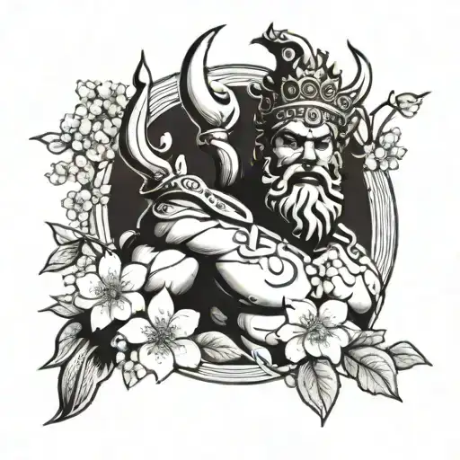 King Neptune statute with cherry blossoms, orange blossoms, and buckeyes tattoo design idea