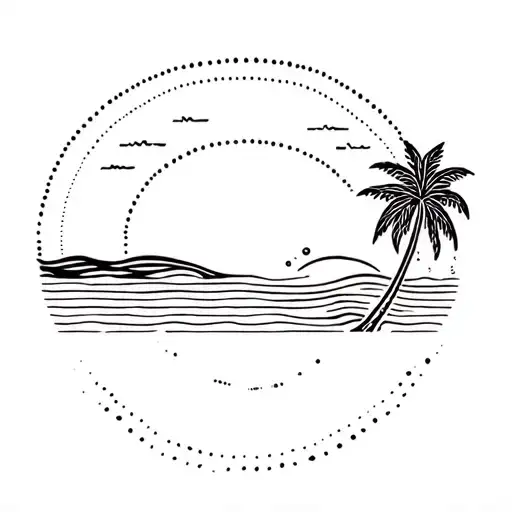 sunshine and palm tree and ocean waves line and dot tattoo design idea