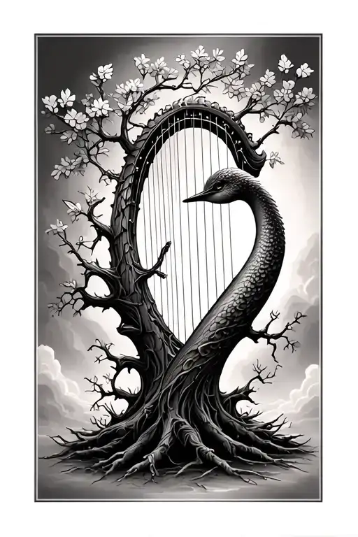 ash tree and harp tattoo design idea