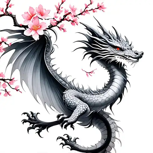 dragon from fourth wing with cherry blossom tattoo design idea