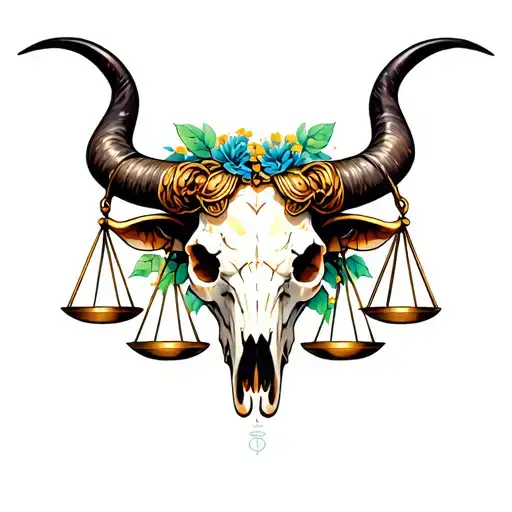 feminine taurus bull skull with Libra scales tattoo design idea
