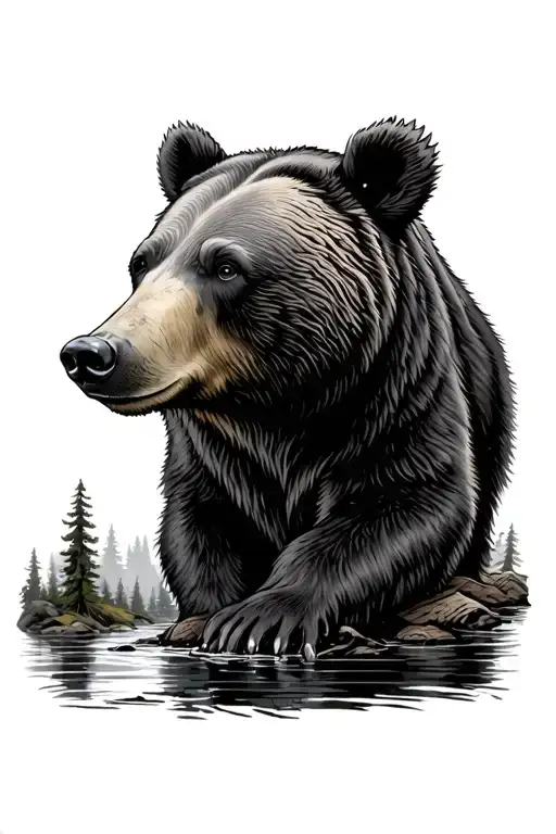 bear in a Forest next to a river  tattoo design idea