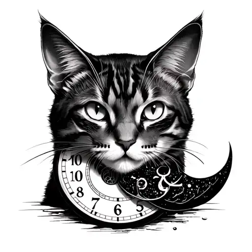 cat, moon, clock indicating 1:18 a.m. and the sign Capricorn tattoo design idea