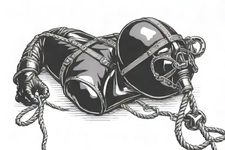 bdsm slave in leather mask and latex tied in a hogtie and gagged tattoo design idea