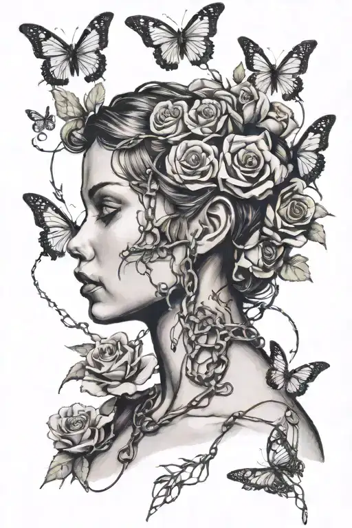 Silhouette of a girl with short hair, naked chest, anatomically correct body, roots growing out of chains, roses, butterfly tattoo design idea