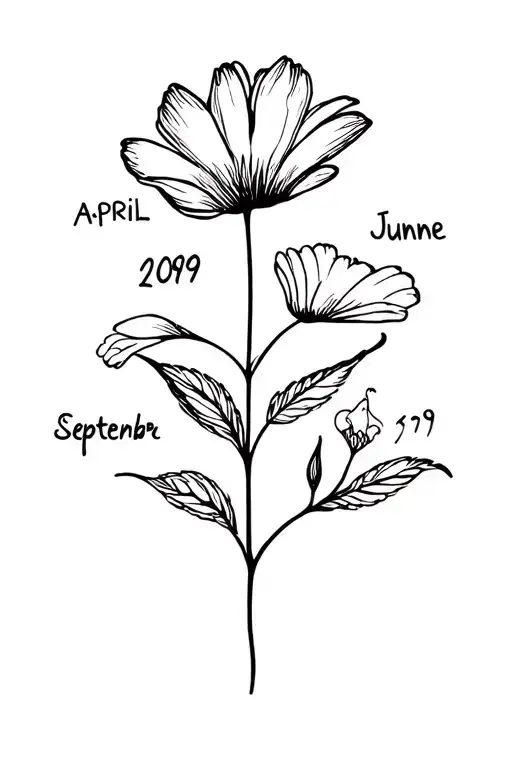 a fine line tattoo with april flower with the date 2009 on the stem also a june flower with 1989 stem and a september f tattoo design idea