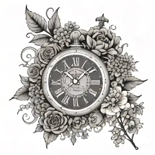 Broken clock, lilac, chrysantemum, memento viviere text, memento mori text tattoo design idea