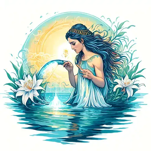 A mystical interpretation of an Aquarius water bearer pouring out spiritual energy, with spider lilies blooming from the water, creating a harmonious blend of elements tattoo design idea