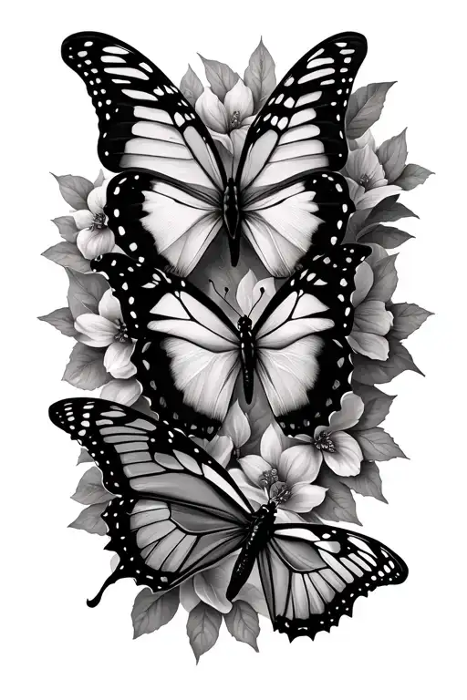 create a tattoo of a tiger swallowtail butterfly, monarch butterfly, and morpho butterfly up the side of a thigh. Have t tattoo design idea