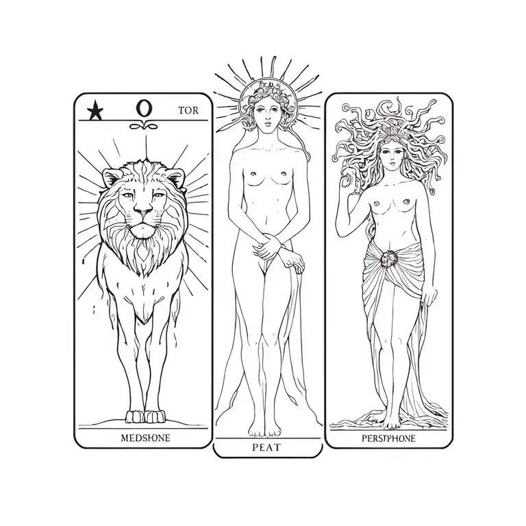 3 tarot cards one with a lioness and a sun behind it, one with Medusa holding a decapitated head, one with Persephone  tattoo design idea