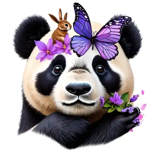 panda bear with a bunny on his hand and a purple butterfly on his nose tattoo design idea