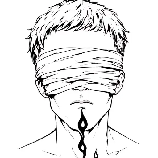 a face of a melancholic young man, eyes covered by a dark, flowing blindfold. A teardrop of fire flows down the cheek,  tattoo design idea