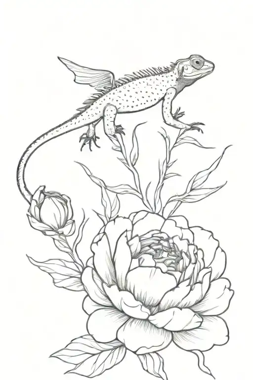 Peonies with a lizard flying tattoo design idea