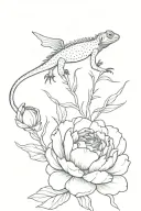 Peonies with a lizard flying tattoo design idea