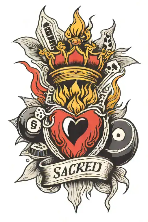 sacred heart with gamecards,dices, 8 ball and flames tattoo design idea