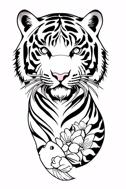 japanise style tiger with fish with flower print logo designjapanise style tiger with fish with flower print log tattoo design idea
