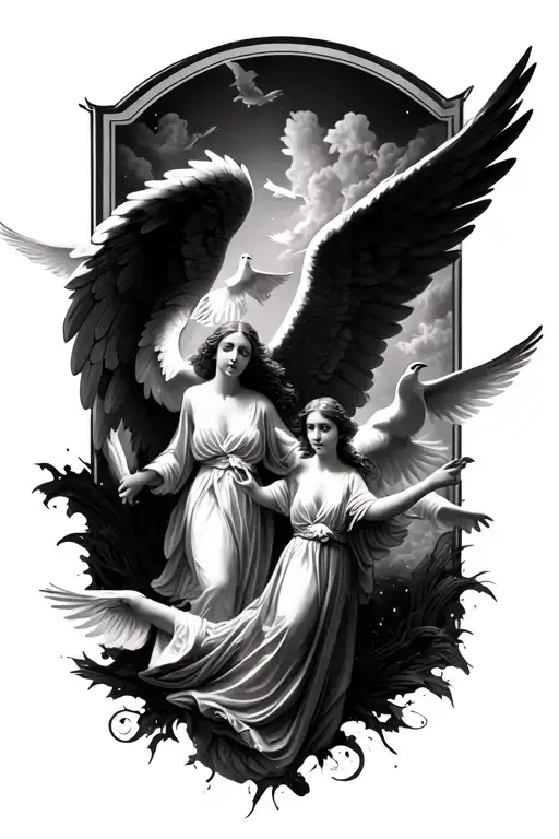 angels with doves flying tattoo design idea