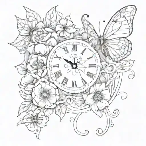 BUTTERFLY FLOWER CLOCK broken tattoo design idea