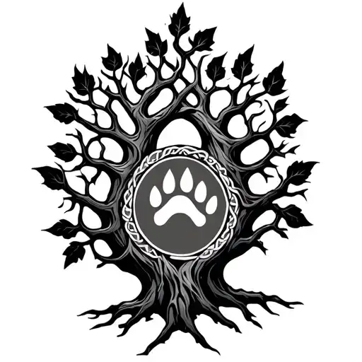 Celtic oak tree of life with small bear paw print inside tattoo design idea