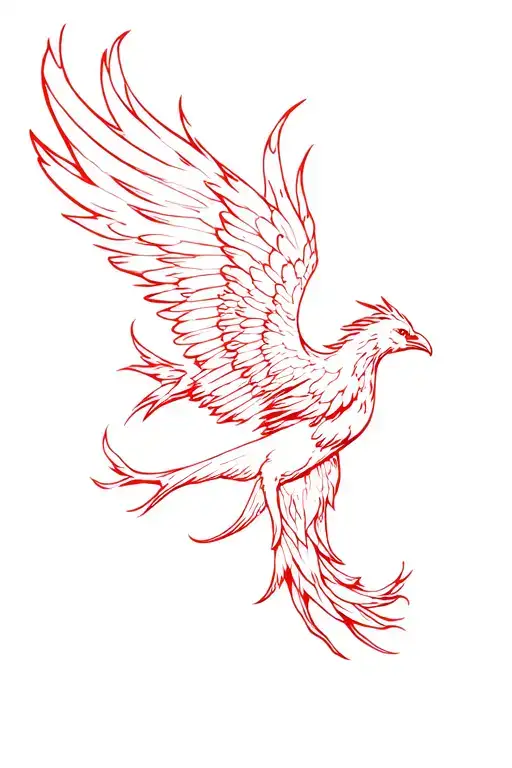 fiery phoenix flying, make it color red, and fine line style tattoo design idea