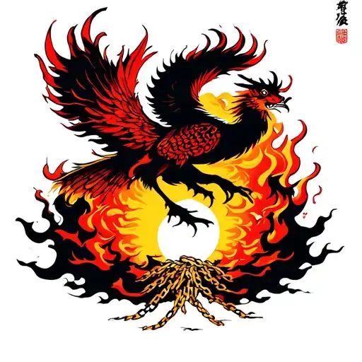 flaming phoenix rising from ashes breaking chains with Japanese rising sun tattoo design idea