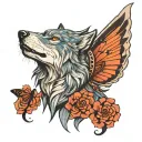 a wolf with a butterfly wing on each shoulder    tattoo design idea