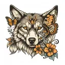 a wolf with a butterfly wing on each shoulder    tattoo design idea