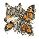 a wolf with a butterfly wing on each shoulder    tattoo design idea