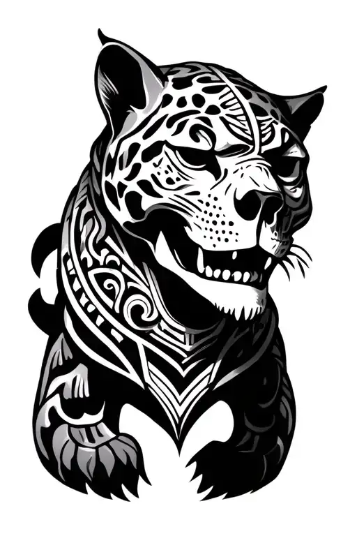 Mayan human jaguar fusion skull tattoo design idea