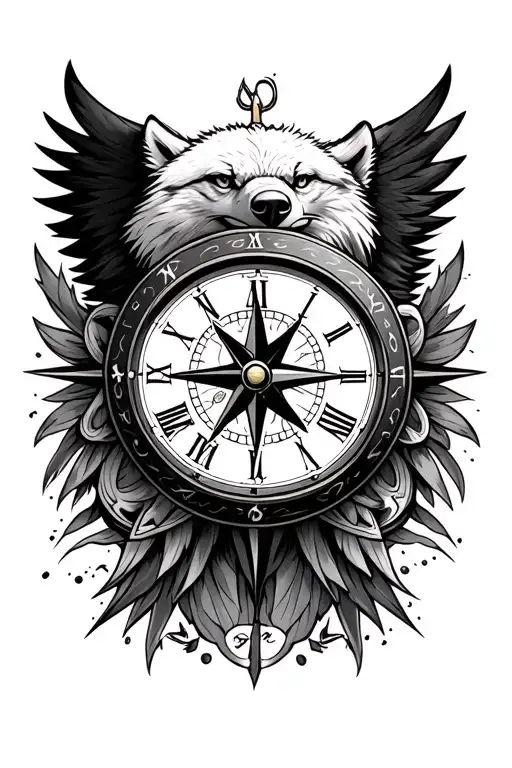 eagle wolf clock compass rose surrounded tattoo design idea
