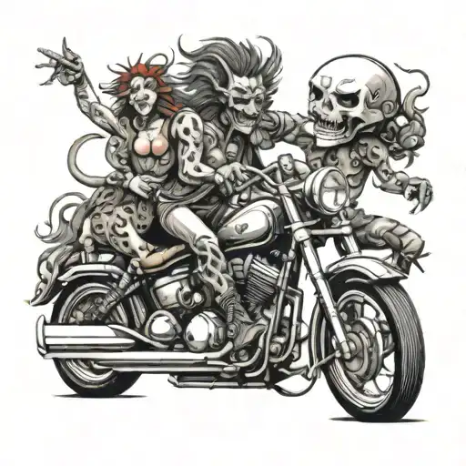 A party scene with mythological creatures dancing around a motorcycle engine tattoo design idea