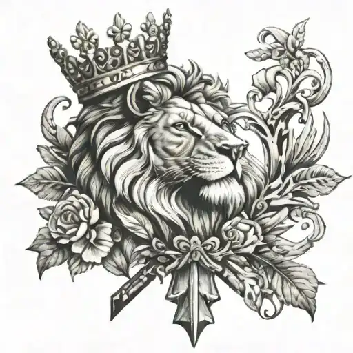 chest tattoo of a lion wearing a crown in front of a cross tattoo design idea