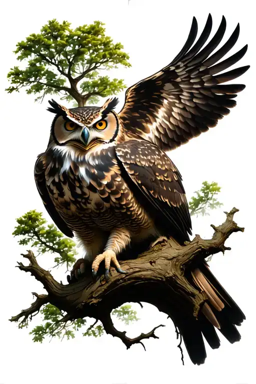Twisting oak tree with menacing great horned owl in dark realism tattoo design idea