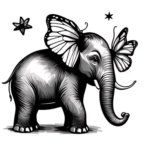 Baby elephant with butterfly on trunk and two stars above tattoo design idea