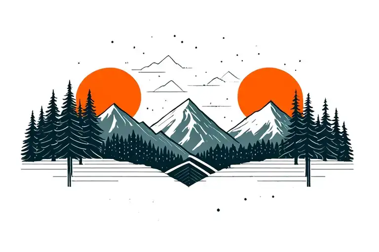 Forest and mountains turning four suns tattoo design idea
