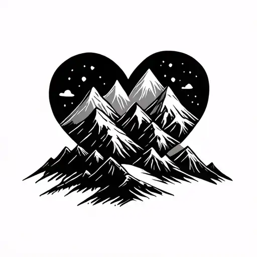 cursive b inside mountains and heart tattoo design idea