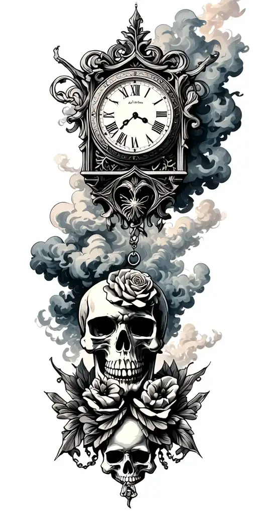 mountains, valley, clouds and smoke with clock, rosary and skull tattoo design idea