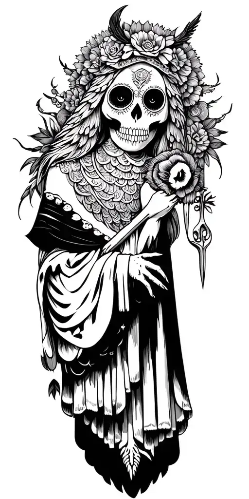 santa muerte with sythe and owl tattoo design idea
