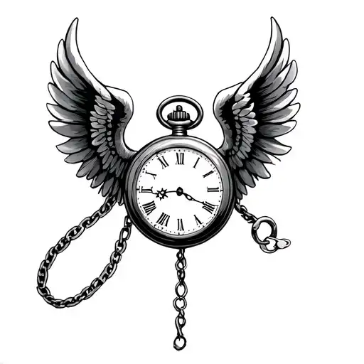 pocket watch with wings and a chain leading to three rings around someone's fingers. pocket watch starts around forearm tattoo design idea