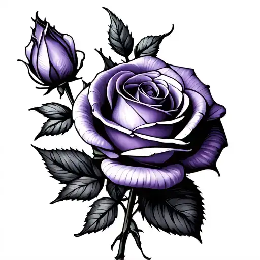 Bouquet with a violet flower an open rose and a smaller close rose tattoo design idea